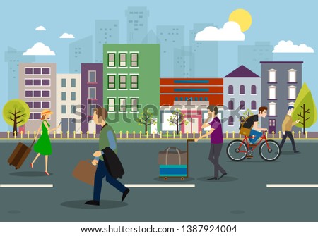 Vector of people walking in city with building and greens