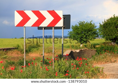 Road signs and a green field with red poppy flowers under gloomy sky