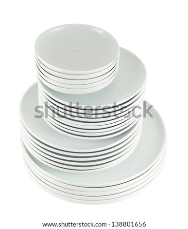 Accurate pile stack of the round ceramic white empty copyspace dish plates isolated over white background, view above