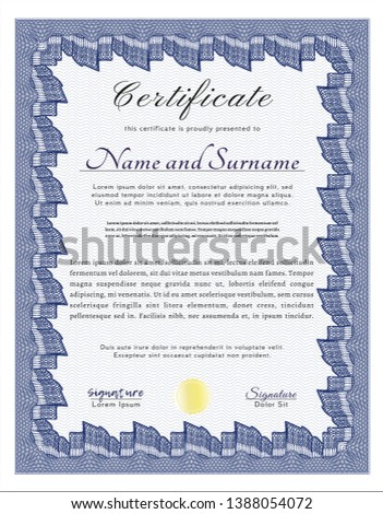 Blue Certificate or diploma template. Lovely design. Vector illustration. Complex background. 