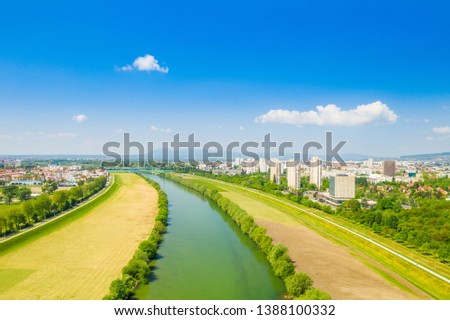 Zagreb, Croatia, Sava river from air, city skyline, green landscape Royalty-Free Stock Photo #1388100332