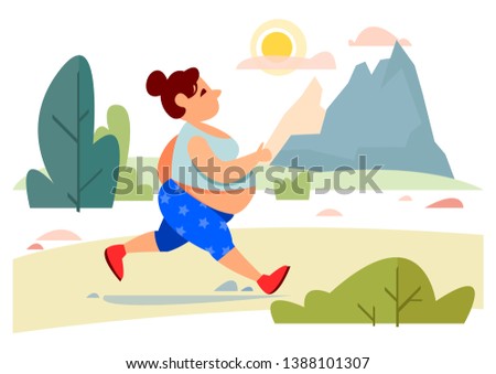 A fat woman in a tracksuit runs down the street on a background of nature. Vector illustration in cartoon style.