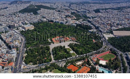 Aerial birds eye view photo of iconic public Zappeio hall, Temple of Zeus, Kalimarmaro stadium and Greek Parliament as seen from high altitude, Athens historic centre, Attica, Greece
