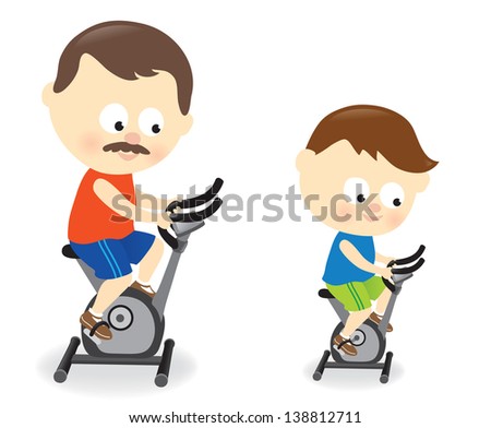 Father and son riding exercise bike