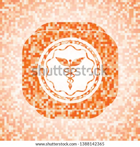 Caduceus medical icon inside orange tile background illustration. Square geometric mosaic seamless pattern with emblem inside.