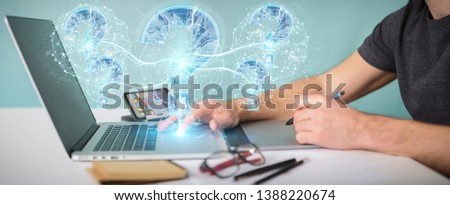 Graphic designer in office solving problem with digital question marks 3D rendering