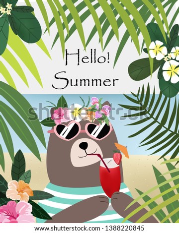 cute cartoon teddy bear drinking strawberry juice in tropical beach on summer,flower and green leaf frame,illustration vector comic art.