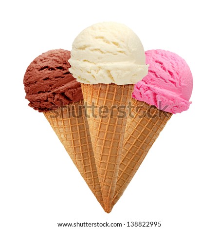 Triple ice cream cones on white background