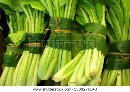 Close up picture of some celery (vegetable) wrapped and bundled in banana leaves. This is an excellent solution to replace plastic packaging and reduce the waist of it - Bali, Indonesia