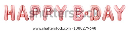 Letters HAPPY B-DAY made of rose gold inflatable balloons isolated on white background. Party balloons concept