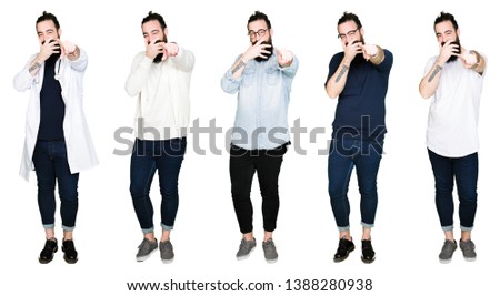 Collage of young man with beard and long hair over white isolated background Laughing of you, pointing to the camera with finger hand over mouth, shame expression