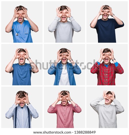 Collage of young man over white isolated background doing ok gesture like binoculars sticking tongue out, eyes looking through fingers. Crazy expression.