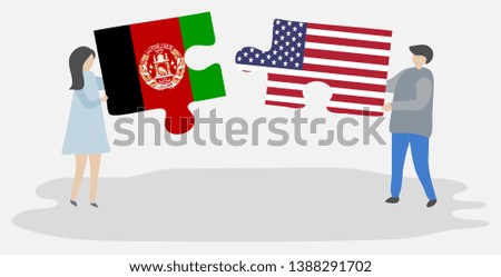 Couple holding two puzzles pieces with Afghan and American flags. Afghanistan and United States of America national symbols together.
