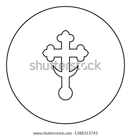 Cross trefoil shamrock on church cupola domical with half-moon Cross monogram Religious cross icon in circle round outline black