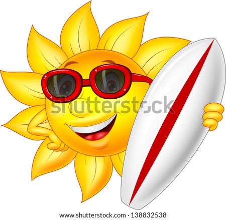 Cute sun cartoon character with surfing board