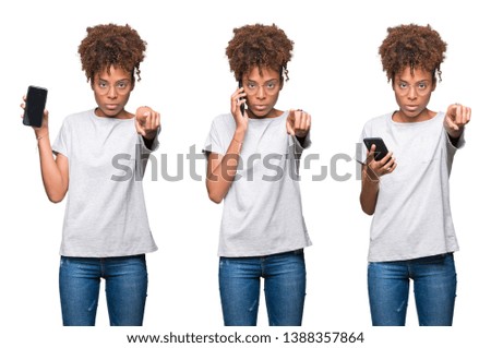 Collage of young beautiful african girl using smartphone pointing with finger to the camera and to you, hand sign, positive and confident gesture from the front