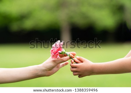 Parent and child hands handing pink carnation