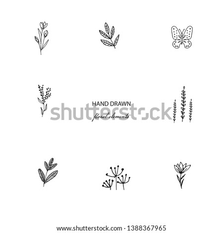 Hand drawn floral element. Premade Minimalist Floral Logo. Set of line art with flower, tulip, leaf, butterfly. Simple Boho Flower for Logo, wedding invitation, greeting cards, tattoo, prints. Vector  Royalty-Free Stock Photo #1388367965