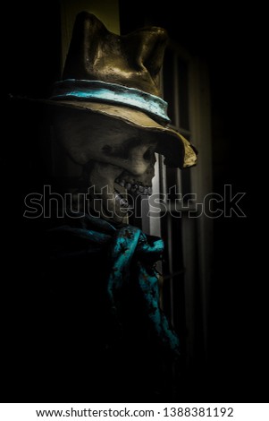 a skeleton in a cowboy hat in deep shadow Stares off the side of the photograph 