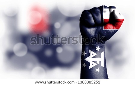 Flag of French Southern and Antarctic Lands painted on male fist, strength,power,concept of conflict. On a blurred background with a good place for your text.