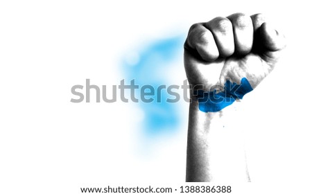 Flag of Korean Unification painted on male fist, strength,power,concept of conflict. On a blurred background with a good place for your text.