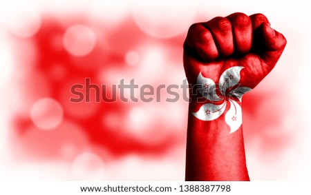 Flag of Hong Kong painted on male fist, strength,power,concept of conflict. On a blurred background with a good place for your text.