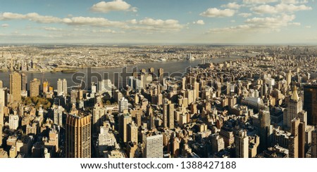New York City Manhattan east side view panorama with skyscrapers and East River.