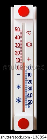 Thermometer to measure air temperature shows 10 degrees of heat. Thermometer on black isolated background