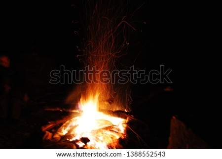 Photos of a camp fire during the night. 
