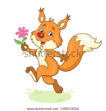 Cute squirrel runs skipping with a pink flower in her hand. In cartoon style. Isolated on white background. Vector illustration.