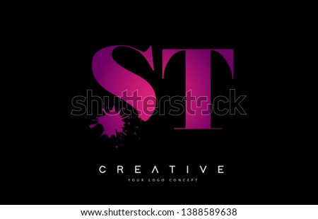 Purple Pink ST S T Letter Logo Design with Ink Watercolor Splash Spill Vector Illustration.