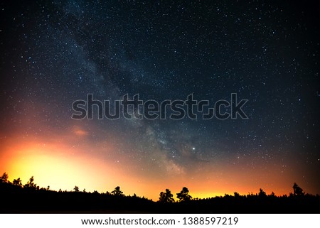 Milky Way with Neptune and Saturn planets in the night sky.
