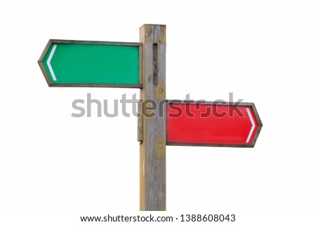Wooden signpost in white isolated background.. Green and Red pointer. Royalty-Free Stock Photo #1388608043