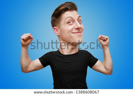 Funny caricature portrait big head of casual, strong man with fashion hair style on blue background 