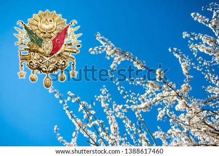 white flowers in the clear sky and the emblem of the Ottoman Empire. The Arabic writing on the coat of arms " Abdulhamit Han, the meliki of the Ottoman Empire, who relied on Allah's revelations "