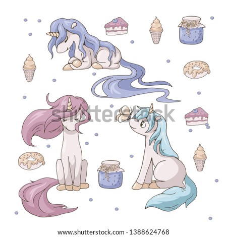 Vector set of unicorn theme illustrations. Three cute cartoon unicorns and deserts. Isolated objects on white background.