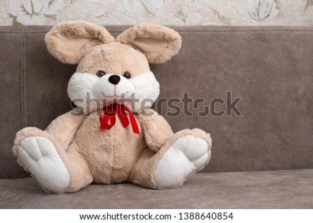 Plush rabbit sitting on a brown sofa. Beige toy rabbit with a red bow. Place for text. Romantic card