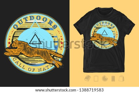 Running tiger. Outdoor. Call of nature slogan. Jumping panther, mystical sacred geometry. Print for t-shirts and another, trendy apparel design