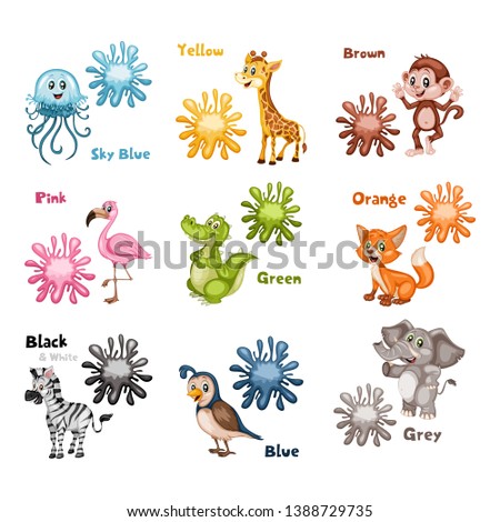 Funny Educational Kids Set. Learning Colors. Jellyfish is Sky Blue, Bear is Brown. Flamingo is Pink. Alligator is Green. Fox is Orange. Giraffe is Yellow. Cartoon Isolated Animals with Color Splash