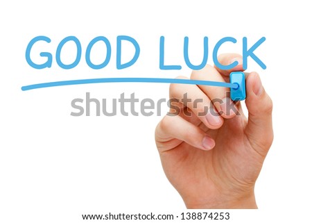 Hand writing Good Luck with blue marker on transparent wipe board. Royalty-Free Stock Photo #138874253