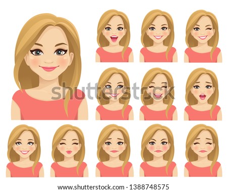 Blond woman with different facial expressions set isolated Royalty-Free Stock Photo #1388748575