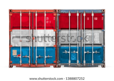 The concept of Luxembourg  export-import and national delivery of goods. Close-up of the container with the national flag of Luxembourg on white isolated background.