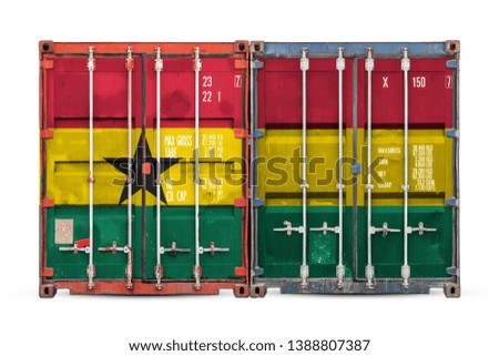 The concept of Ghana export-import and national delivery of goods. Close-up of the container with the national flag of Ghana on white isolated background.