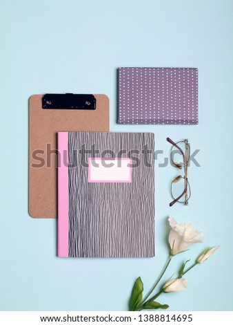 Stationery such as notebooks next to retro glasses and flower on light baby blue background. Flat lay. Top view 