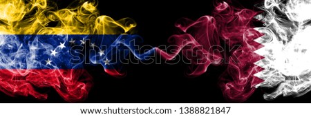 Venezuela vs Qatar, Qatari smoky mystic flags placed side by side. Thick colored silky smoke flags of Venezuela and Qatar, Qatari.