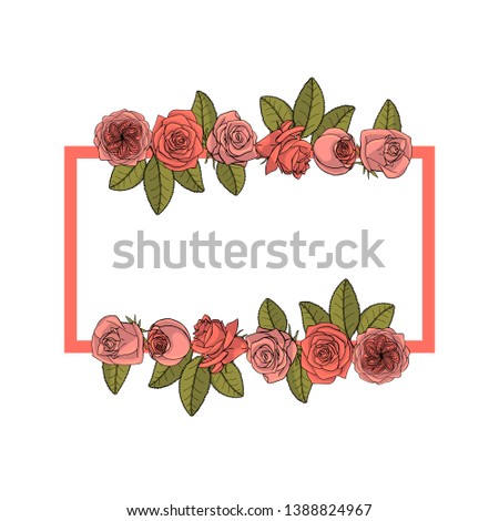 Hand drawn doodle style rose flowers border and frame. floral design element. isolated on white background. stock vector illustration