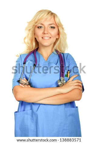 A smiling doctor is standing on white background