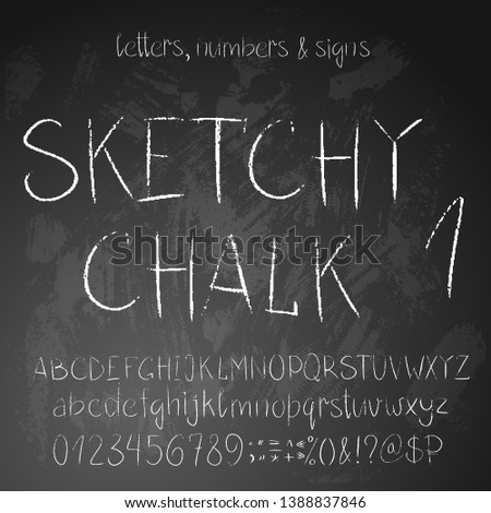Sketchy chalk alphabet. Full set of letters, numbers and symbold, thin texture.