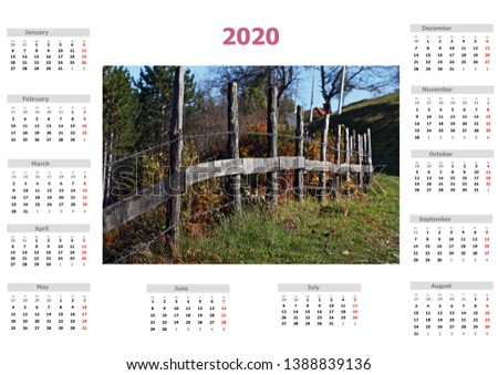 Calendar for 2020 year, nature motive