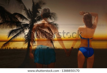 Double exposed picture. Couple on the beach on summer vacation.